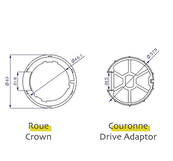 AVOSDIM - Adaptations moteur Avosdim - Axe Deprat DP62 Ø45mm - Pour moteur Ø45mm - large