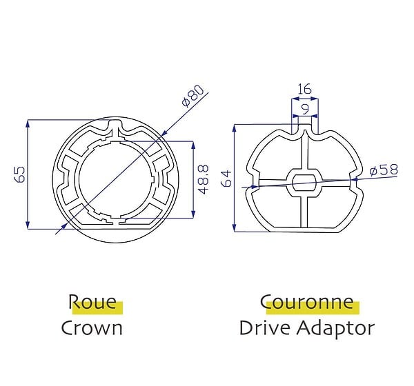 AVOSDIM - Adaptations moteur Avosdim - Axe ZF - Ø80mm - pour Moteur Ø45mm - large