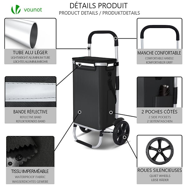 VOUNOT - Chariot de course pliable aluminium 2 roues avec sac isotherme noir - large