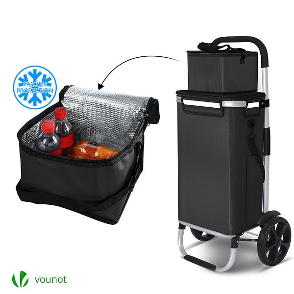 VOUNOT - Chariot de course pliable aluminium 2 roues avec sac isotherme noir - large