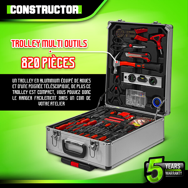 CONSTRUCTOR - Trolley multi outils 820pcs avec poignée téléscopique - large