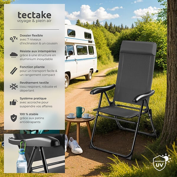 TECTAKE - Chaise de camping pliable MÜRITZ en aluminium avec appui-tête gris anthracite - large