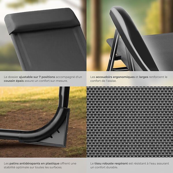 TECTAKE - Chaise de camping pliable MÜRITZ en aluminium avec appui-tête gris anthracite - large