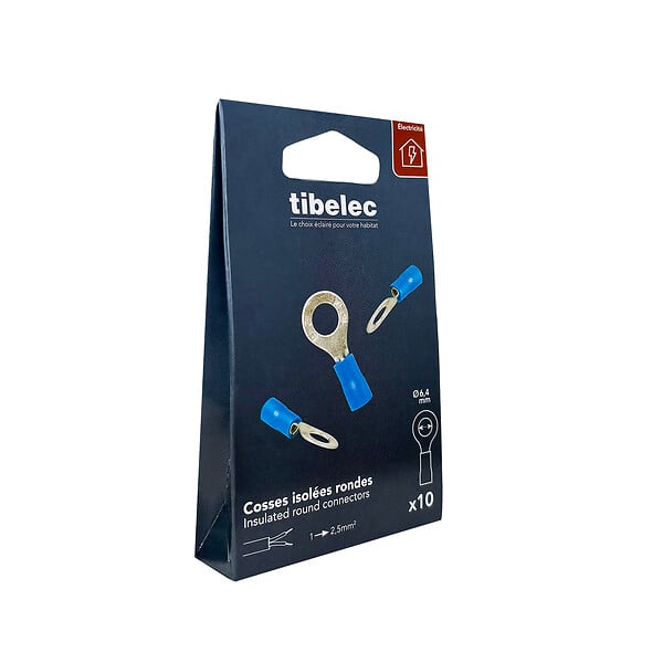 TIBELEC - Cosses à sertir rondes - Cuivre isolé PVC - Bleu - Diam.6,4mm - large