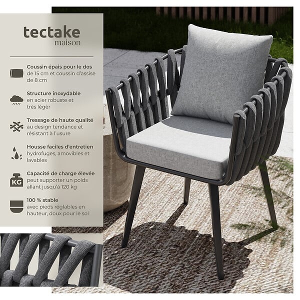 TECTAKE - Chaise au motif cordé avec structure en aluminium résistant aux intempéries et aux UV gris - large