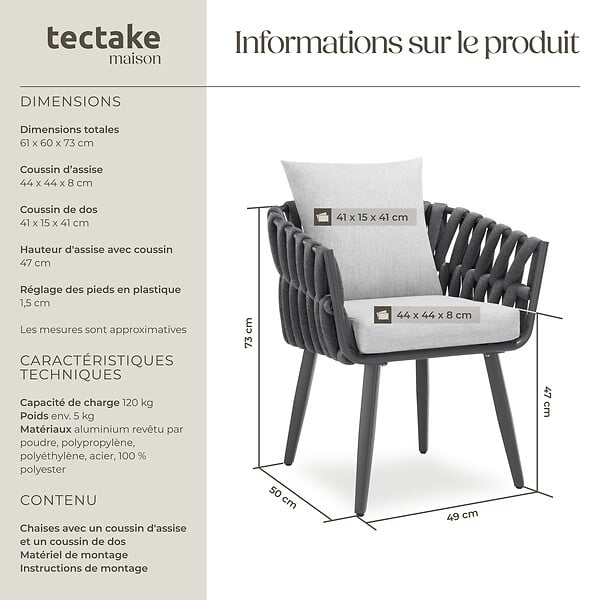 TECTAKE - Chaise au motif cordé avec structure en aluminium résistant aux intempéries et aux UV gris - large