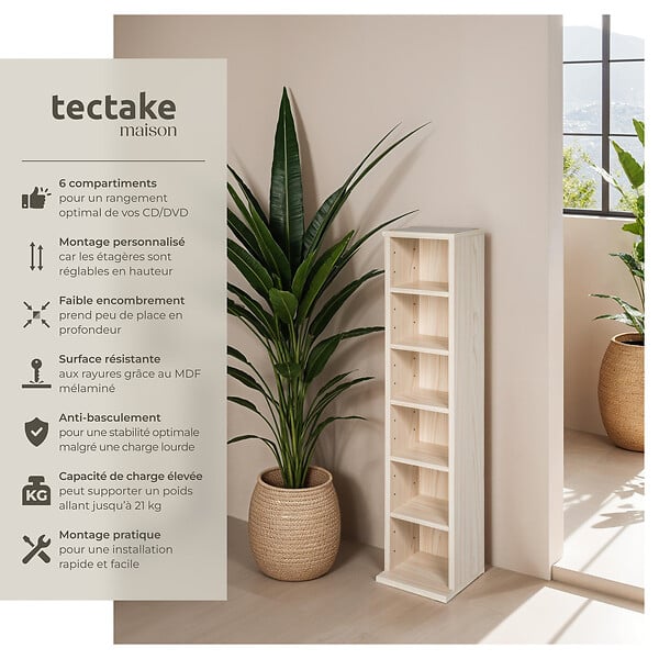 TECTAKE - Étagère Colonne Meuble de Rangement 6 compartiments 90x21x20cm marron hêtre - large