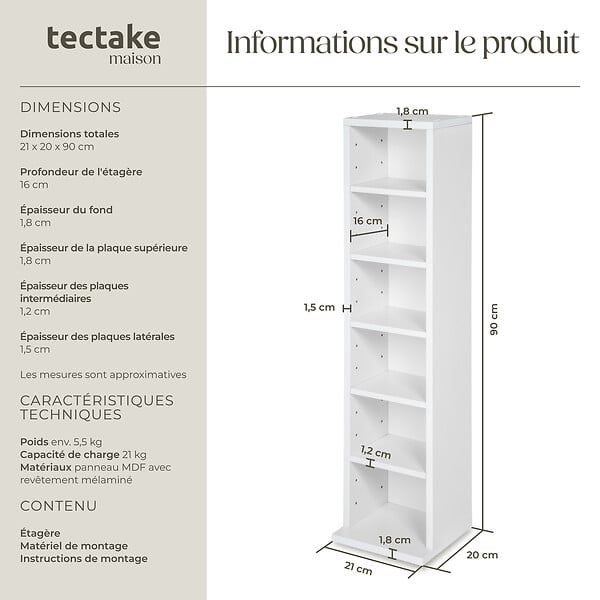 TECTAKE - Étagère Colonne Meuble de Rangement 6 compartiments 90x21x20cm blanc - large