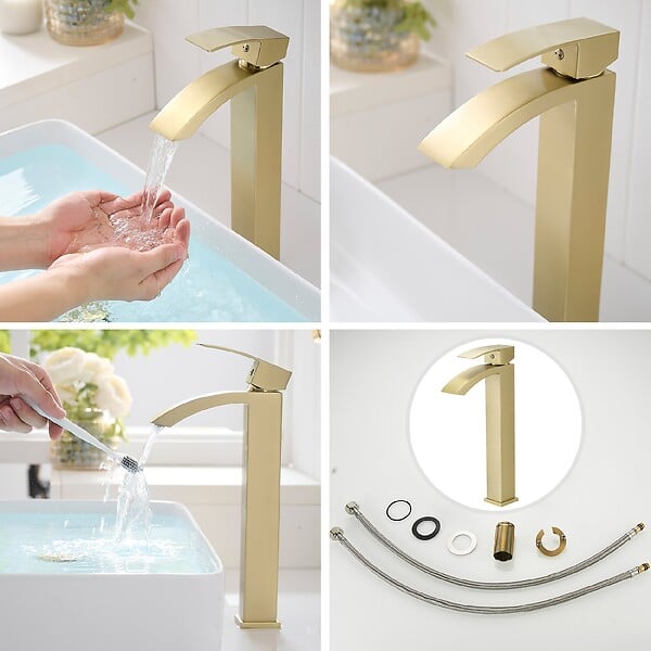 SANIVERRE - LERIO XL Robinet mitigeur haut bec cascade or brossé - Salle de bain - large
