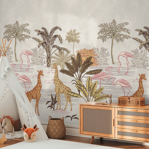AS CREATION - Décor panoramique savane animaux - Beige, marron - 3 lés - large