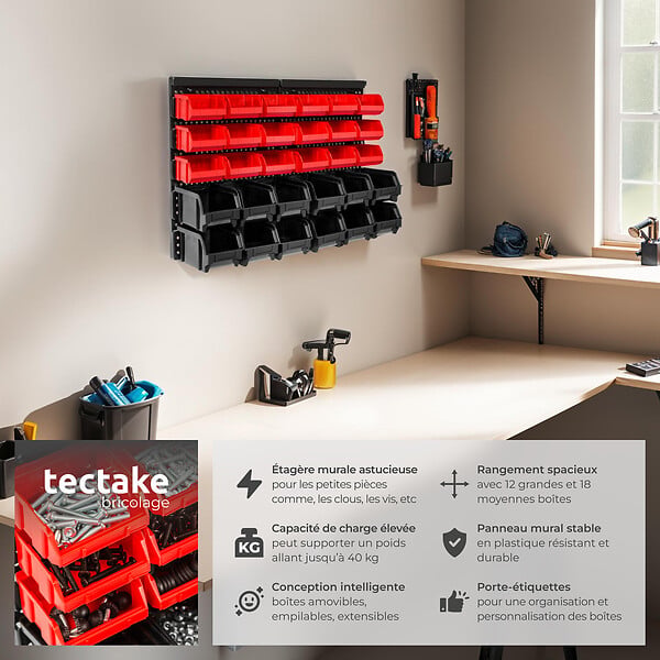TECTAKE - Etagère murale avec 30 bacs de rangement noir - large