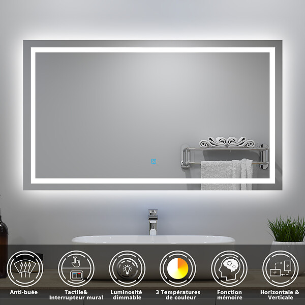 AICA SANITAIRE - Ensemble meuble Salle de Bain 100cm avec colonne + miroir lumineux 3 couleurs Anthracite - large