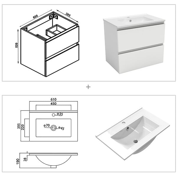 AICA SANITAIRE - Ensemble meuble Salle de Bain 60cm avec colonne et miroir lumineux 3 couleurs blanc - large