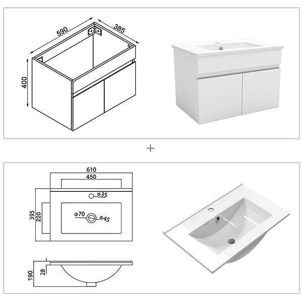 AICA SANITAIRE - Meuble simple vasque 60cm avec colonne et miroir lumineux 3 couleurs et dimmable blanc - large
