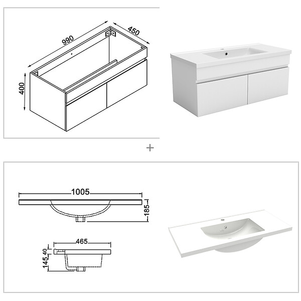 AICA SANITAIRE - Ensemble meuble Salle de Bain 100cm avec colonne + miroir lumineux 3 couleurs blanc - large