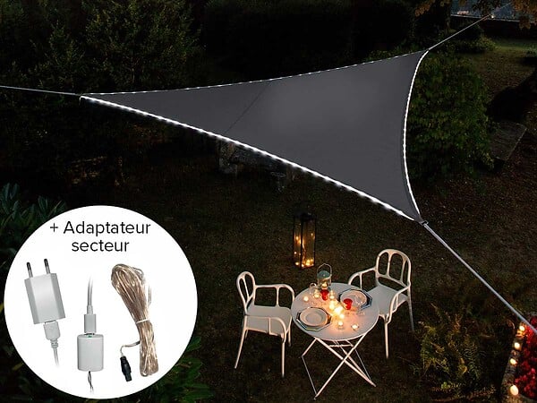 JARDILINE - Voile d'ombrage triangulaire Leds solaires Ardoise + Adaptateur - Jardiline - large
