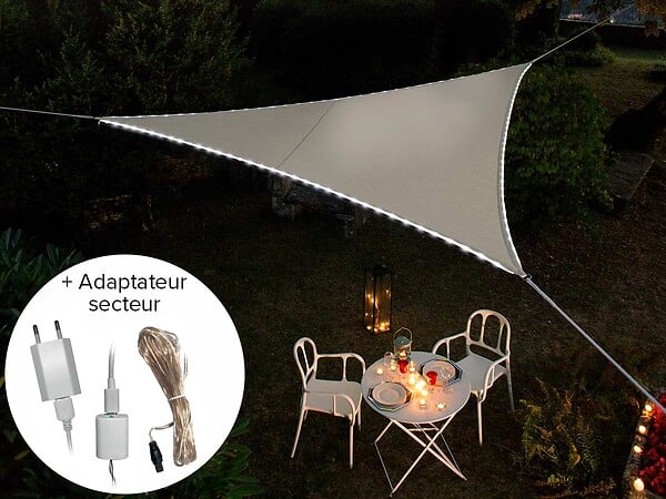 JARDILINE - Voile d'ombrage triangulaire Leds solaires Taupe + Adaptateur - Jardiline - large