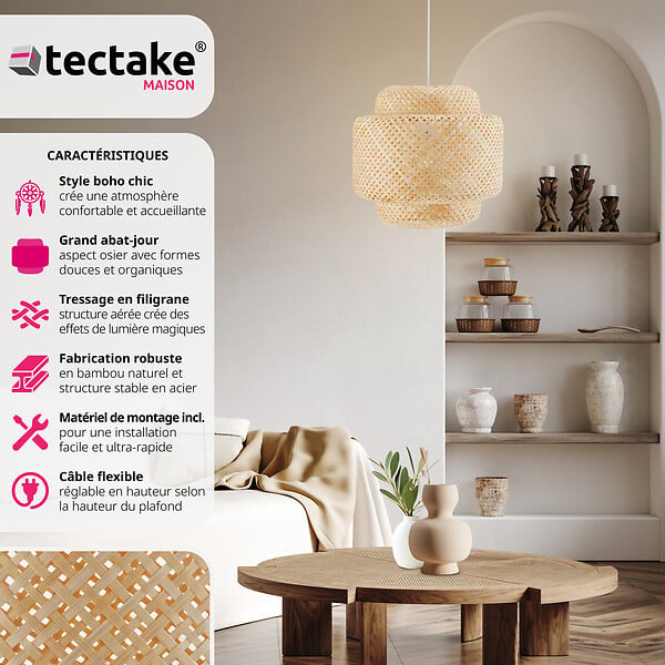 TECTAKE - Plafonnier Lignea Lux en bambou, de style bohème, 40W marron - large