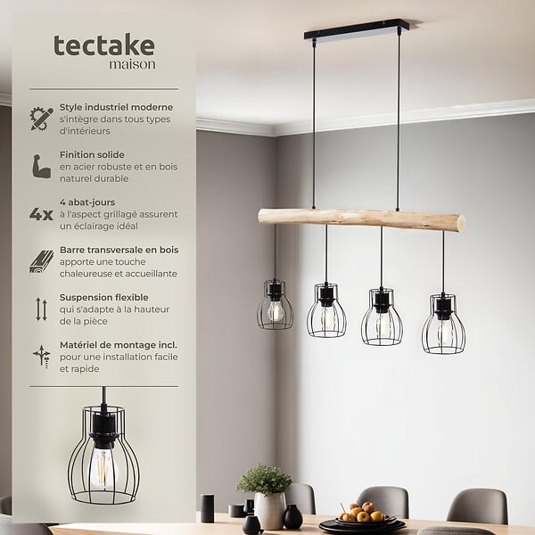 TECTAKE - Lampes suspendues WOODY poutre en bois et 4 ampoules 40 W noir/marron - large
