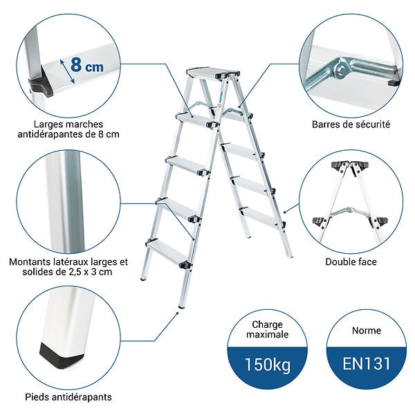 HOSTRÃ–M - Escabeau marche pied 5 marches HOMILIX5, petit escabeau pliable, aluminium, design compact et robuste, H max travail 2,85m, 5 ans garantie, Hostrom - large