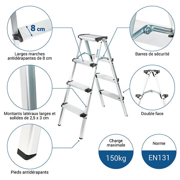 HOSTRÃ–M - Escabeau marche pied 4 marches HOMILIX4, petit escabeau pliable, aluminium, design compact et robuste, H max travail 2,59m, 5 ans garantie, Hostrom - large