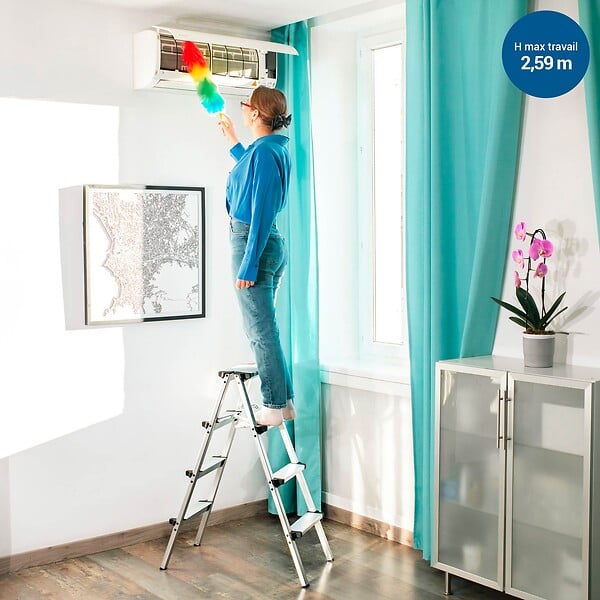 HOSTRÃ–M - Escabeau marche pied 4 marches HOMILIX4, petit escabeau pliable, aluminium, design compact et robuste, H max travail 2,59m, 5 ans garantie, Hostrom - large