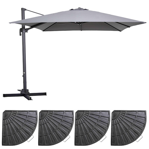 OVIALA - Parasol déporté inclinable et rotatif  3x3m  et 4 dalles lestées gris - Malaga - large