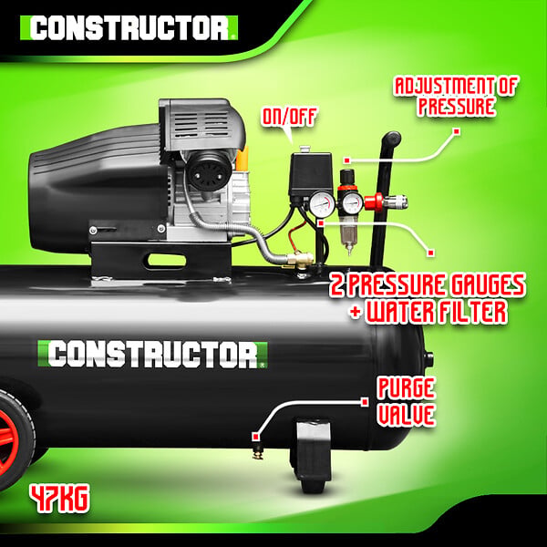 CONSTRUCTOR - Compresseur à huile 100L bicylindre - 8 bars - 2.2Kw - large