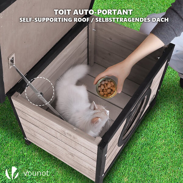 VOUNOT - Maison pour Chat en bois avec toit bitumé et entrée en forme d'oreilles de chat Gris - large