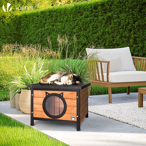 VOUNOT - Maison pour Chat en bois avec toit bitumé et entrée en forme d'oreilles de chat - large