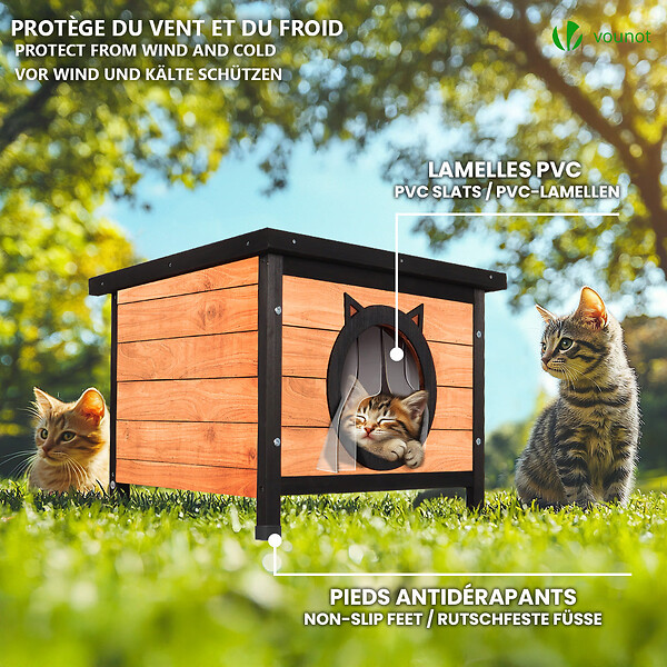 VOUNOT - Maison pour Chat en bois avec toit bitumé et entrée en forme d'oreilles de chat - large