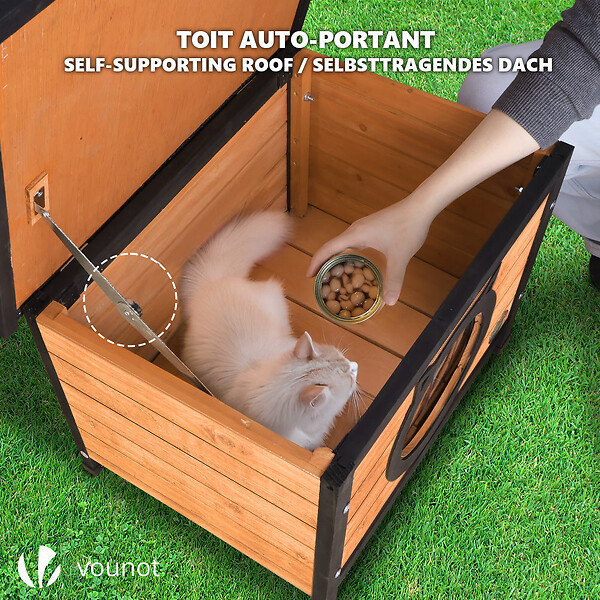 VOUNOT - Maison pour Chat en bois avec toit bitumé et entrée en forme d'oreilles de chat - large