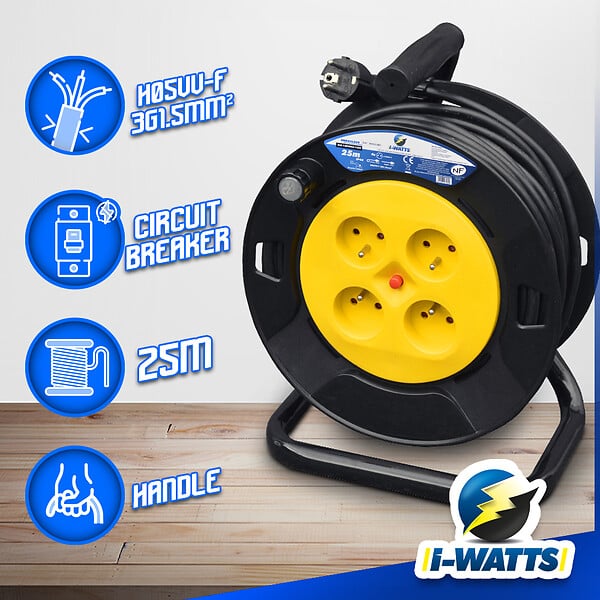I-WATTS PRO - Enrouleur électrique 4 prises 25M - 3g1.5 - HO5 - large