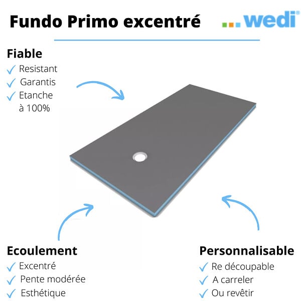 WEDI - Receveur de douche à carreler 160 x 100 Fundo Primo rectangle écoulement excentré + bonde horizontale + kit d'étanchéité - large
