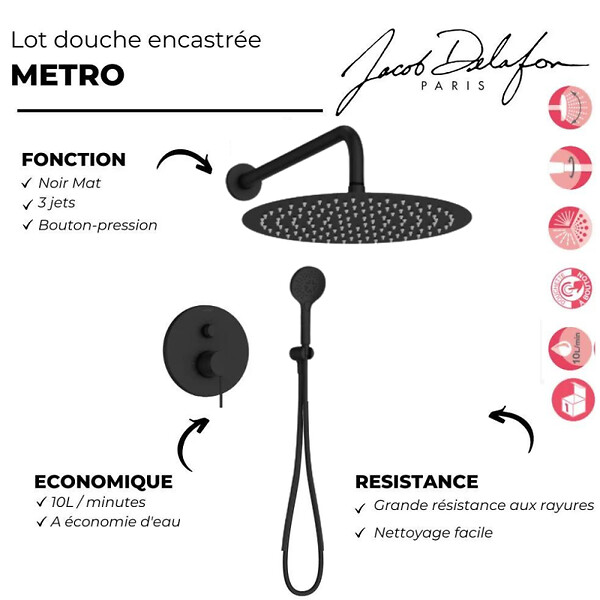 JACOB DELAFON - Robinet douche encastré mécanique Metro noir mat - large