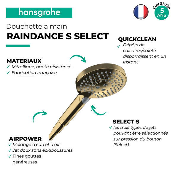 HANSGROHE - Douchette à main Raindance Select S 120 3jet PowderRain aspect doré poli - large