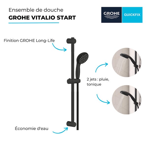 GROHE - Pommeau de douche Vitalio Start 2 jets avec barre noir mat + microfibre - large
