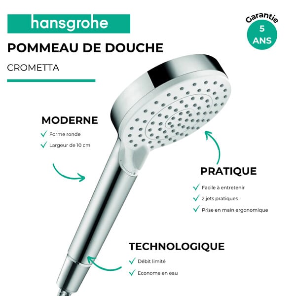 HANSGROHE - Pommeau de douche Crometta EcoSmart 2 jets blanc/chromé + flexible de douche Designflex 160 cm chromé - large