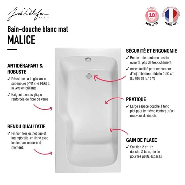 JACOB DELAFON - Baignoire bain douche Malice antidérapante + nettoyant 170 x 90 version droite - large