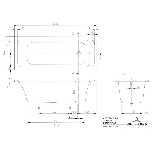 VILLEROY ET BOCH - Baignoire droite 170 X 70  Architectura acrylique - large