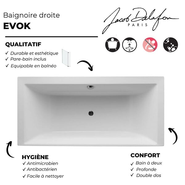 JACOB DELAFON - Baignoire droite 170 x 70 Evok, deux places + pare bain - large