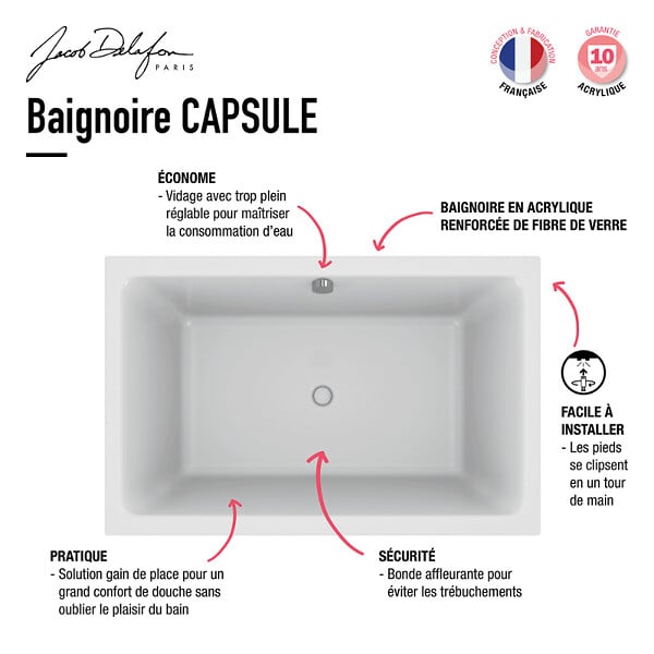 JACOB DELAFON - Baignoire bain douche Capsule, compacte + pare bain en niche 120 x 80 cm - large