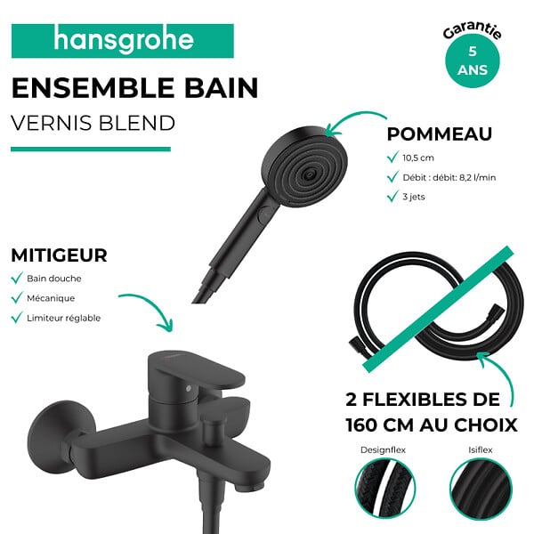 HANSGROHE - Pack mitigeur bain douche Vernis Blend + Flexible Designflex + Pommeau Pulsify Select 105 3 jets noir mat - large