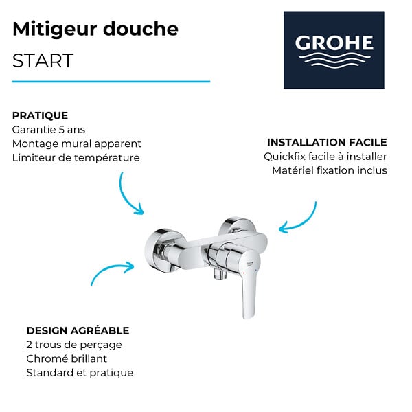 GROHE - Pack mitigeur de douche Grohe Start 2021 avec ensemble de douche 2 jets chromé - large