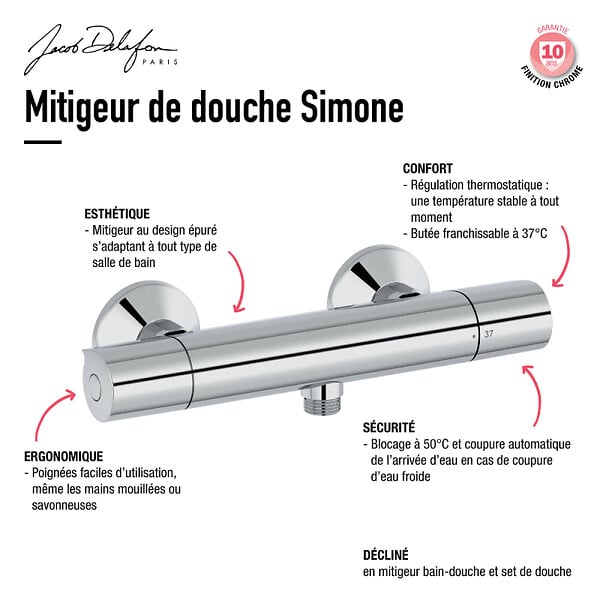 JACOB DELAFON - Mitigeur douche thermostatique Simone chrome - large