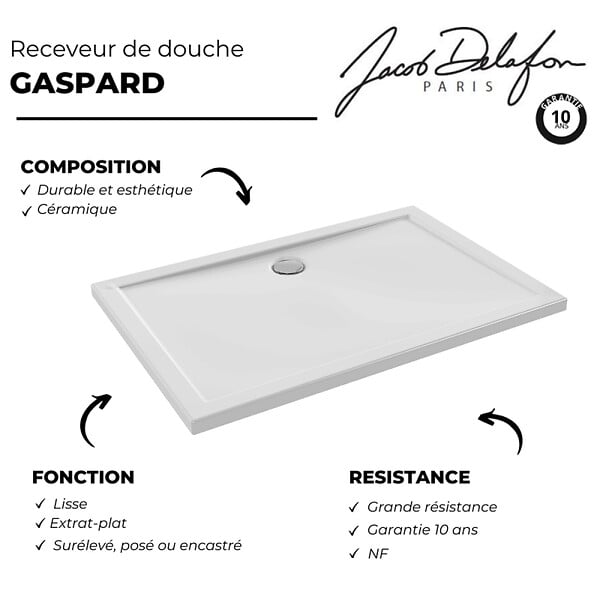JACOB DELAFON - Receveur de douche 120 x 80 Gaspard extra-plat céramique bonde centrée sur la longueur - large