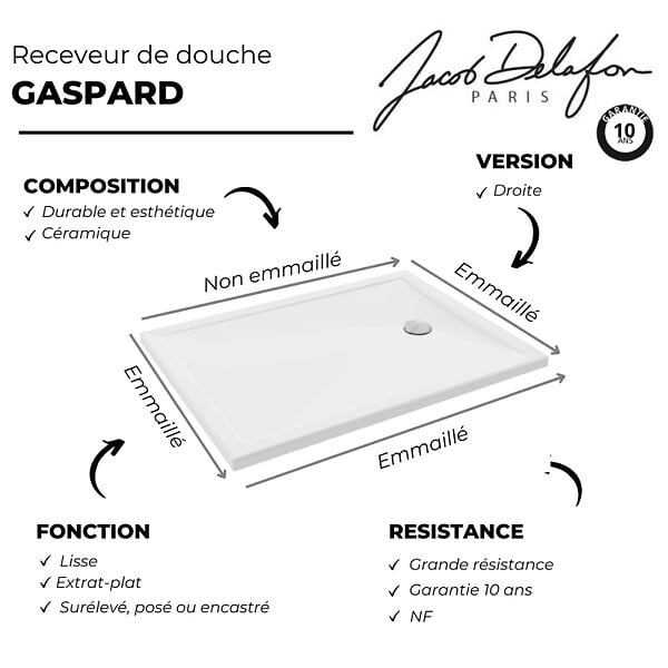 JACOB DELAFON - Receveur de douche 120 x 90 Gaspard extra-plat céramique bonde à droite - large