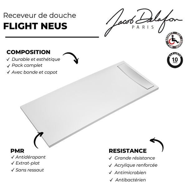 JACOB DELAFON - Receveur de douche antidérapant 120 x 90 Flight Neus acrylique rectangle blanc + bonde + capot - large