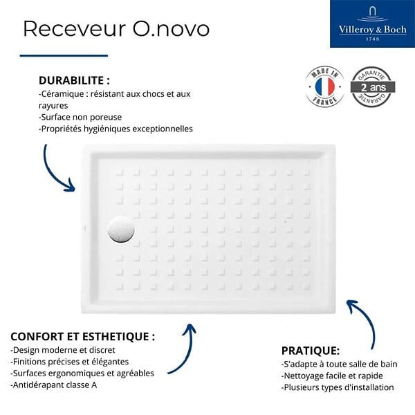 VILLEROY ET BOCH - Receveur O.NOVO extra plat - rectangulaire - Dimensions : 100 X 80 cm - Couleur : BLANC - large