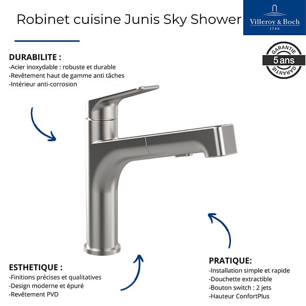 VILLEROY ET BOCH - Robinet cuisine  Junis Sky Shower + nettoyant - large